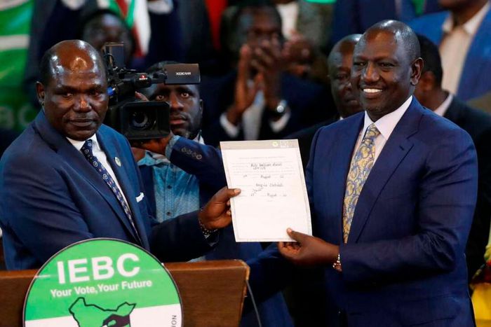 President-elect William Ruto with then IEBC chairman Wafula Chebukati after he was declared the winner of Kenya's presidential election at the IEBC National Tallying Centre at the Bomas of Kenya, in Nairobi, Kenya August 15, 2022