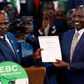 President-elect William Ruto with then IEBC chairman Wafula Chebukati after he was declared the winner of Kenya's presidential election at the IEBC National Tallying Centre at the Bomas of Kenya, in Nairobi, Kenya August 15, 2022