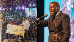 From left: Sakaja awards winning choir and Sakaja giving his speech (right)