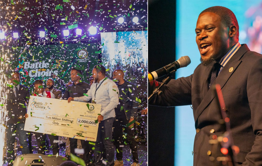 From left: Sakaja awards winning choir and Sakaja giving his speech (right)