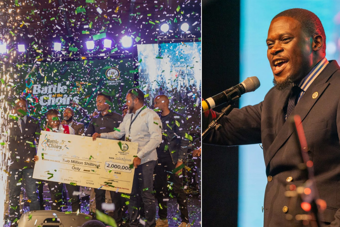 From left: Sakaja awards winning choir and Sakaja giving his speech (right)