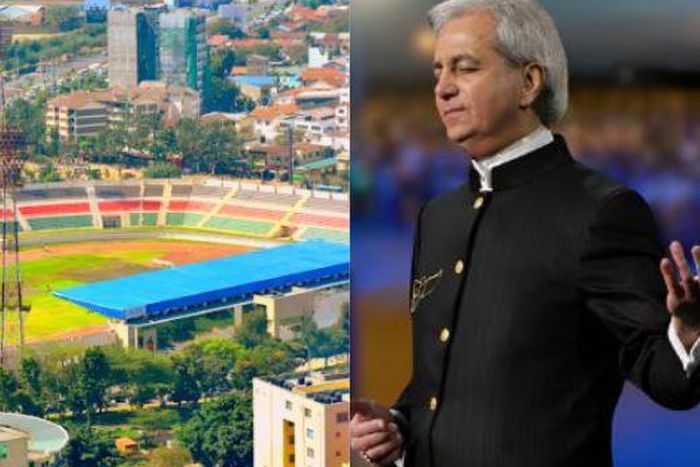 A collage image of Nyayo National Stadium and televangelist Benny Hinn who has a crusade on February 24, 2024 at the same venue