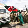 CS for tourism Wildlife and Heritage Peninah Malonza flagging off stacks of hay that will be distributed to wildlife in the Amboseli Park