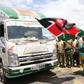 CS for tourism Wildlife and Heritage Peninah Malonza flagging off stacks of hay that will be distributed to wildlife in the Amboseli Park