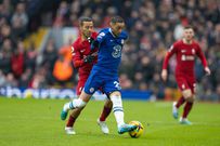 Hakim Ziyech contests with Thiago Alacantara in Chelsea vs Liverpool at Anfield in the Premier League on January 21, 2023.