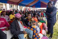 President William Ruto with Mai Mahiu residents displaced by flooding tragedy and encamped at Ngeya Girls Secondary School on April 30, 2024
