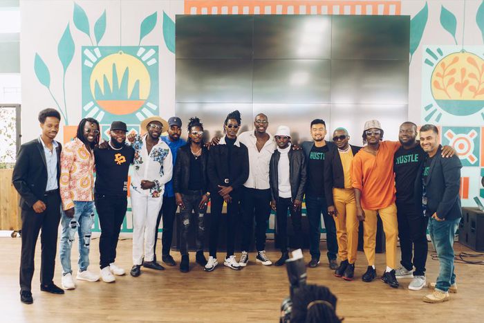 HustleSasa Co-Founders pose for a photo with Creative Co-Founders, Sauti Sol, and other creatives during the company's official launch in Nov 2021 at Nairobi Street Kitchen Photo courtesy KG Brian