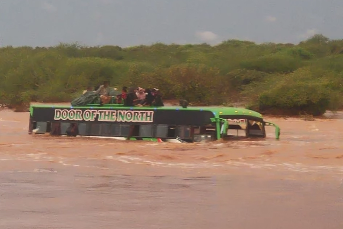 Passengers aboard a Nairobi-bound bus had their journey cut short after the vehicle was submerged in flood waters in Tula area along the Garissa- Mwingi road on Tuesday morning.