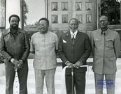 Angolan liberation leaders, from L to R Jonas Savimbi, Agostinho Neto, and Holden Roberto with Mzee Jomo Kenyatta at Nakuru State Lodge on June 21, 1975