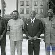 Angolan liberation leaders, from L to R Jonas Savimbi, Agostinho Neto, and Holden Roberto with Mzee Jomo Kenyatta at Nakuru State Lodge on June 21, 1975
