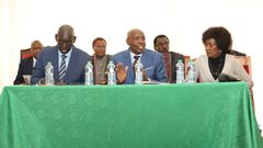 Education CS Ezekiel Machogu, PS Belio Kipsang and TSC CEO Nancy Macharia during the release of the 2023 KCPE exam results in Nairobi on November 23, 2023