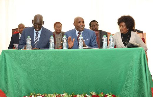 Education CS Ezekiel Machogu, PS Belio Kipsang and TSC CEO Nancy Macharia during the release of the 2023 KCPE exam results in Nairobi on November 23, 2023