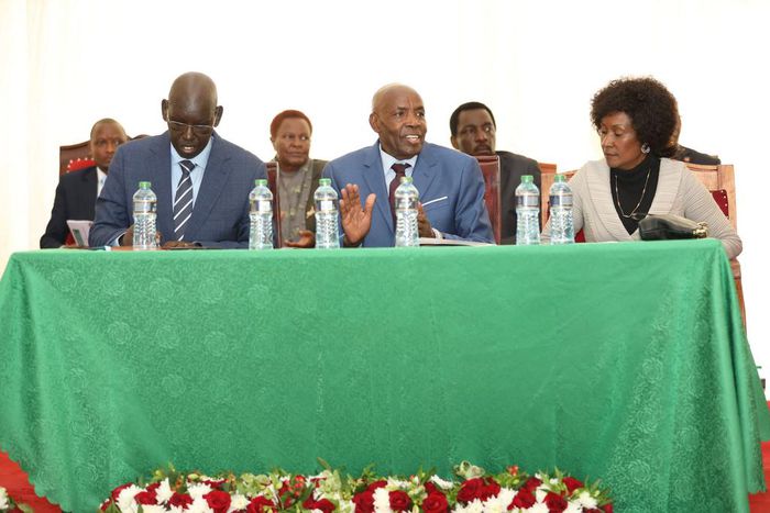 Education CS Ezekiel Machogu, PS Belio Kipsang and TSC CEO Nancy Macharia during the release of the 2023 KCPE exam results in Nairobi on November 23, 2023