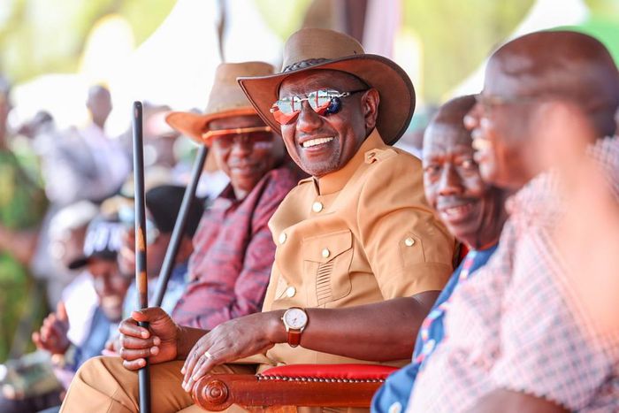 President William Ruto and Deputy President Rigathi Gachagua at he 9th Annual Kimalel Goat Auction and Cultural Festival in Baringo County.
