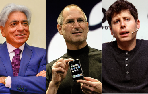 A collage of Kenyan businessman Bharat Thakrar, Steve Jobs and Sam Altman
