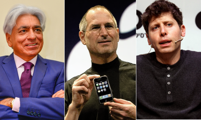 A collage of Kenyan businessman Bharat Thakrar, Steve Jobs and Sam Altman