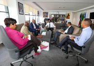Sports CS Ababu Namwamba with Cape Media staff at Talanta Plaza