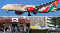 A collage of a Kenya Airways plane, Equity Bank and Kenya Power
