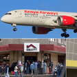 A collage of a Kenya Airways plane, Equity Bank and Kenya Power