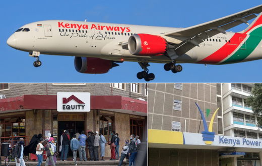 A collage of a Kenya Airways plane, Equity Bank and Kenya Power