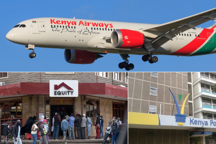 A collage of a Kenya Airways plane, Equity Bank and Kenya Power