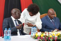 CS Ezekiel Machogu, PS Belio Kipsang and TSC CEO Nancy Macharia during release of 2023 KCSE examinations at Moi Girls High School, Eldoret