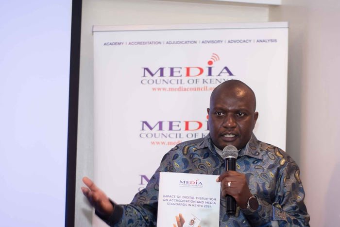 Media Council of Kenya CEO David Omwoyo during the launch of the 2024 MCK Accreditation Survey Report on June 14 2024