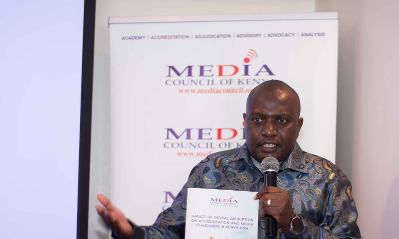 Media Council of Kenya CEO David Omwoyo during the launch of the 2024 MCK Accreditation Survey Report on June 14 2024