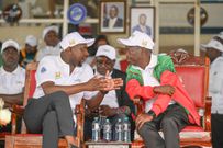 Roads and Transport CS Kipchumba Murkomen and Governor Benjamin Cheboi watch the Baringo County Governor's Super Cup Finals for Ladies at the Kabarnet Showground
