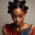 DALL·E 2024-05-08 124620 - Image of an African woman with Bantu knots hairstyle The woman is wearing a colorful blouse, and the hairstyle consists of small, coiled buns secured