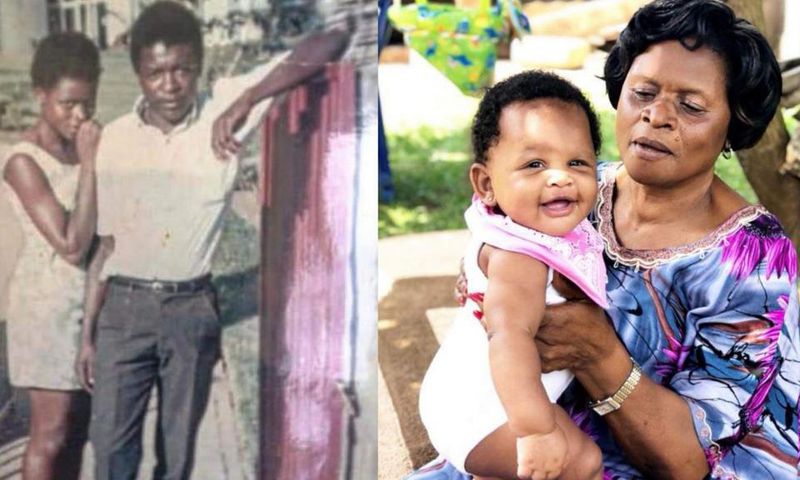 Proscovia Musoke and her husband, Gerald Mayanja Musoke posing for a picture with a grandchild