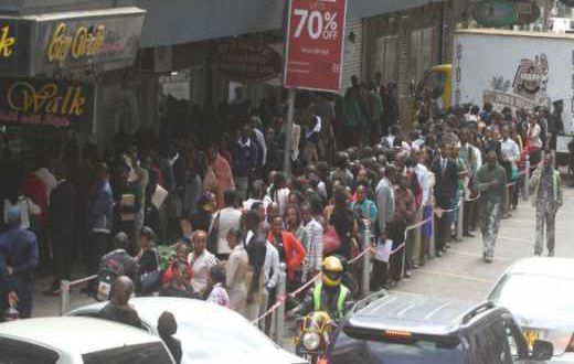 File image of thousands of unemployed Kenyans who turned up for a recruitment drive in Nairobi