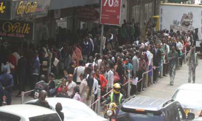 File image of thousands of unemployed Kenyans who turned up for a recruitment drive in Nairobi