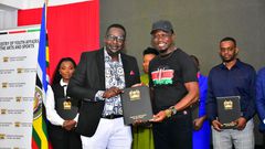 Sports and Youth Affairs Cabinet Secretary, Ababu Namwamba with comedian Daniel Churchill Ndambuki at Kasarani stadium on February 15, 2023