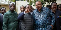 Former Prime Minister Raila Odinga greeting Former President Uhuru Kenyatta at the Stephen Kalonzo Command Centre in Karen on July 28 2023.