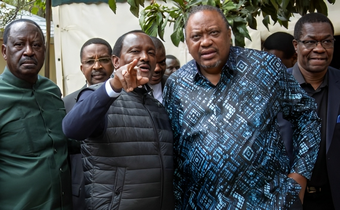 Former Prime Minister Raila Odinga greeting Former President Uhuru Kenyatta at the Stephen Kalonzo Command Centre in Karen on July 28 2023.