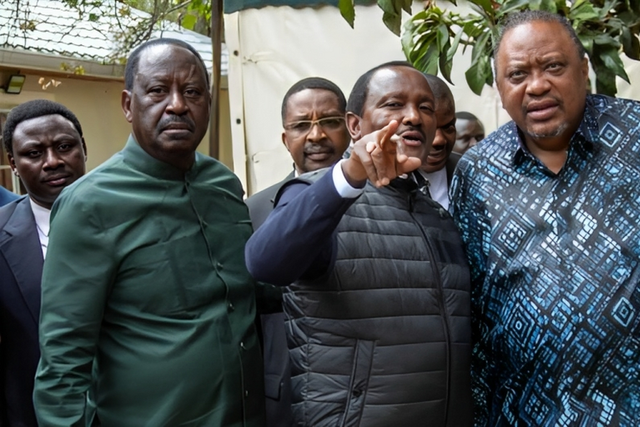 Former Prime Minister Raila Odinga greeting Former President Uhuru Kenyatta at the Stephen Kalonzo Command Centre in Karen on July 28 2023.