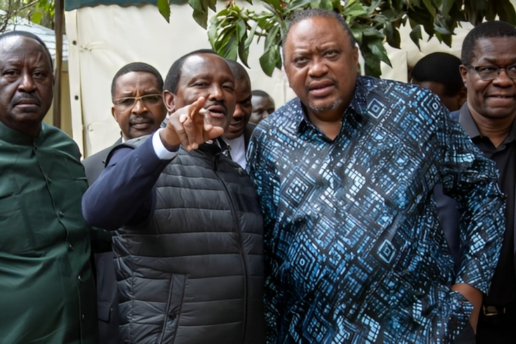 Former Prime Minister Raila Odinga greeting Former President Uhuru Kenyatta at the Stephen Kalonzo Command Centre in Karen on July 28 2023.