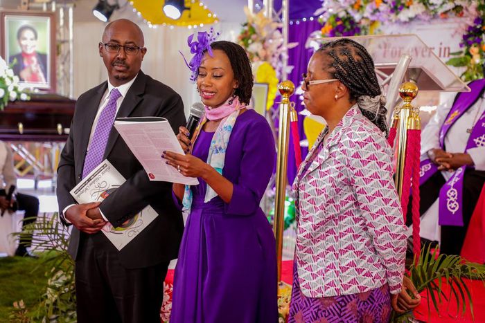 Stella Wanjiru Njoroge, her husband and sister during Lizzie Wanyoike's funeral in Murang'a on January 23, 2024