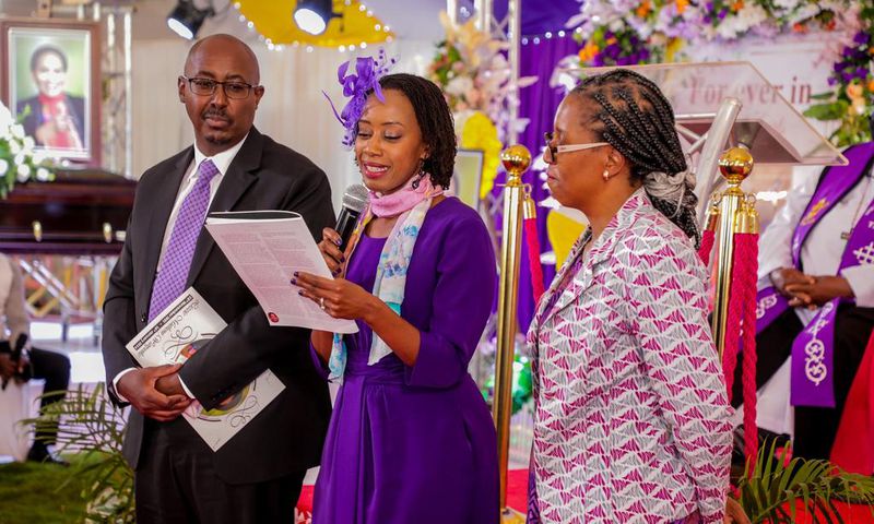 Stella Wanjiru Njoroge, her husband and sister during Lizzie Wanyoike's funeral in Murang'a on January 23, 2024