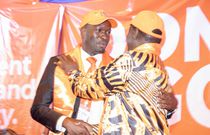 ODM Secretary-General Edwin Sifuna shares a hug with ODM party leader Raila Odinga during the party's 2022 National Delegates Conference at the Kasarani Stadium Indoor Arena