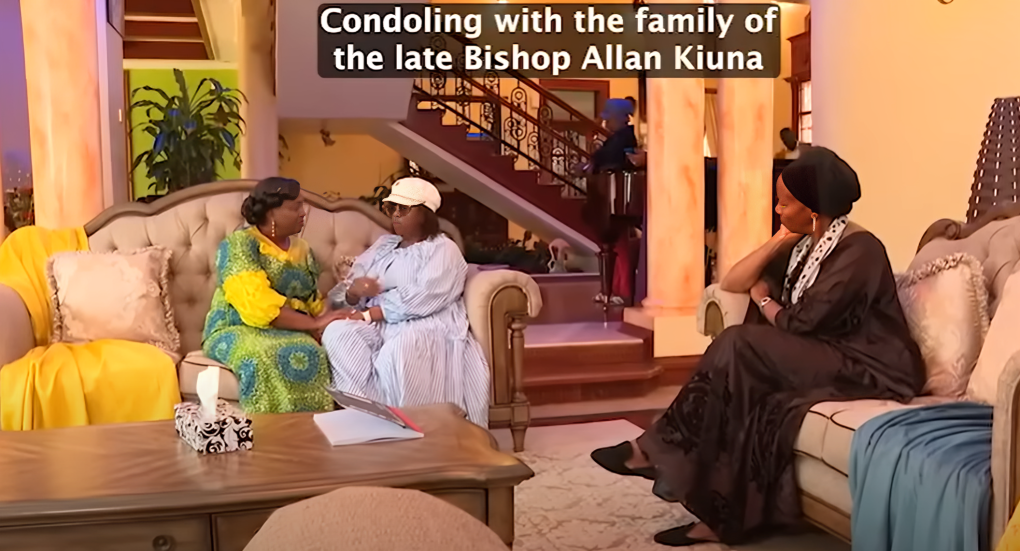 A screenshot image showing 2nd Lady Dorcas Rigathi consoling & Rev Kathy Kiuna after the death of Bishop Allan Kiuna