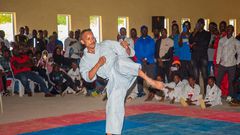 Embakasi East MP Babu Owino practising Karate at the Moi International Sports Centre, Indoor Arena