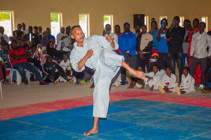 Embakasi East MP Babu Owino practising Karate at the Moi International Sports Centre, Indoor Arena