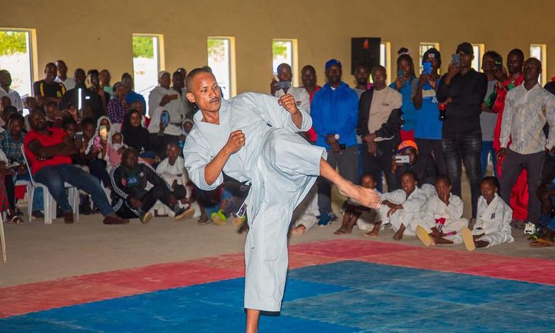 Embakasi East MP Babu Owino practising Karate at the Moi International Sports Centre, Indoor Arena