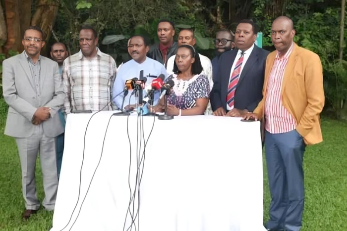 Kalonzo Musyoka and other Azimio leaders during a presser on April 19, 2024