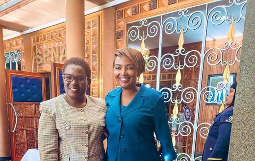 Nominated Senator Karen Nyamu with Meru Governor Kawira Mwangaza in the Senate