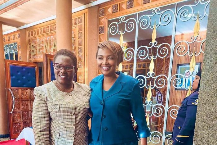 Nominated Senator Karen Nyamu with Meru Governor Kawira Mwangaza in the Senate