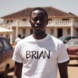 AI-generated image of a man wearing a white T-shirt with a writing Brian  on it