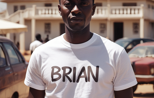 AI-generated image of a man wearing a white T-shirt with a writing Brian  on it